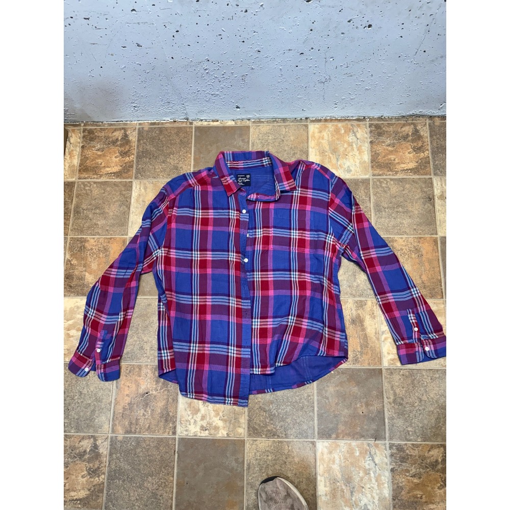 American Eagle Boyfriend Fit Plaid Button Down Shirt Purple Pink Blue XL
